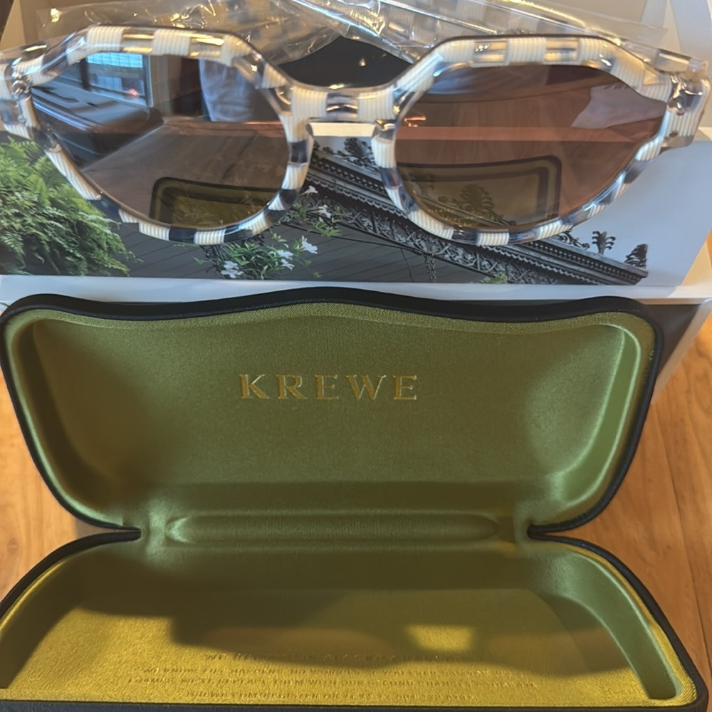 BRAND NEW Krewe Astor Blue Gingham Mirror Sunglasses $315 retail